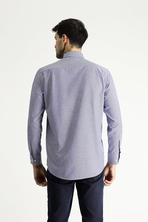 Blue Long Sleeve Regular Fit Striped Cotton Easy-Iron Shirt