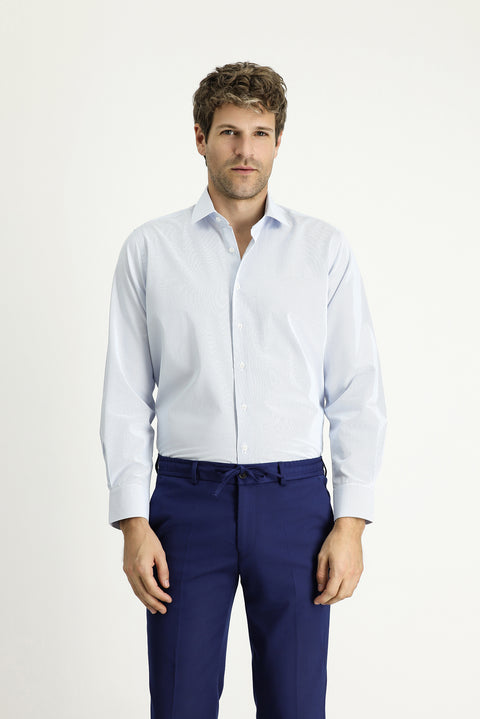 Uçuk Mavi Uzun Kol Klasik Çizgili Pamuklu Kolay Ütülenebilir Gömlek