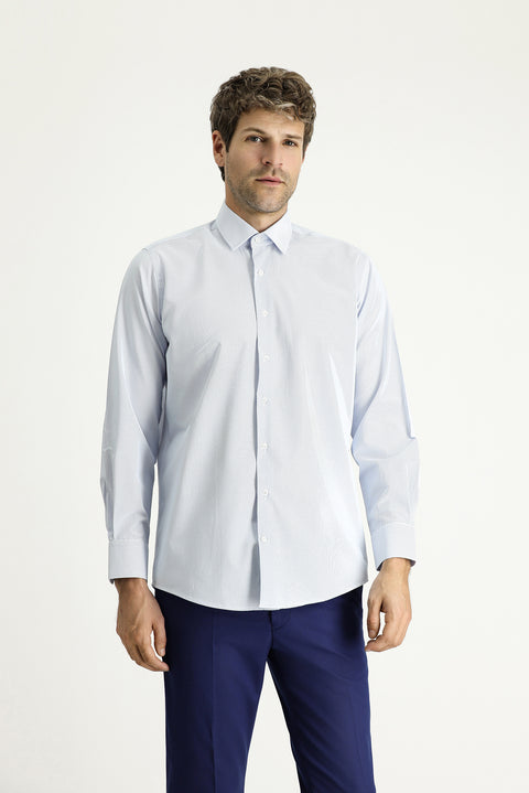 Uçuk Mavi Uzun Kol Klasik Çizgili Pamuklu Kolay Ütülenebilir Gömlek