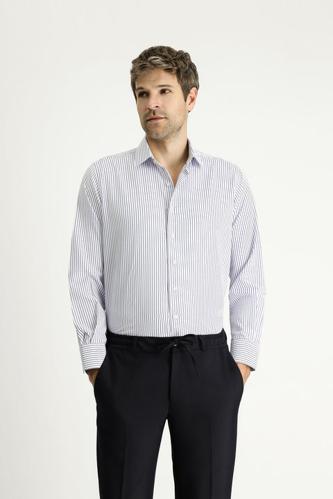 Koyu Mavi  Uzun Kol Klasik Çizgili Pamuklu Kolay Ütülenebilir Gömlek