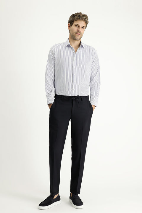 Koyu Mavi  Uzun Kol Klasik Çizgili Pamuklu Kolay Ütülenebilir Gömlek