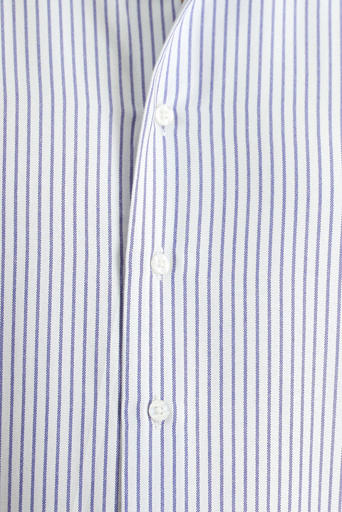 Koyu Mavi  Uzun Kol Klasik Çizgili Pamuklu Kolay Ütülenebilir Gömlek