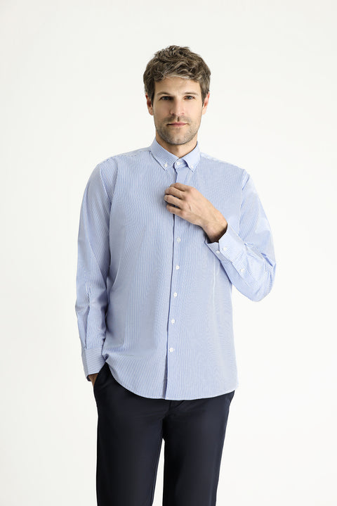 Gök Mavisi Uzun Kol Regular Fit Çizgili Pamuklu Kolay Ütülenebilir Gömlek