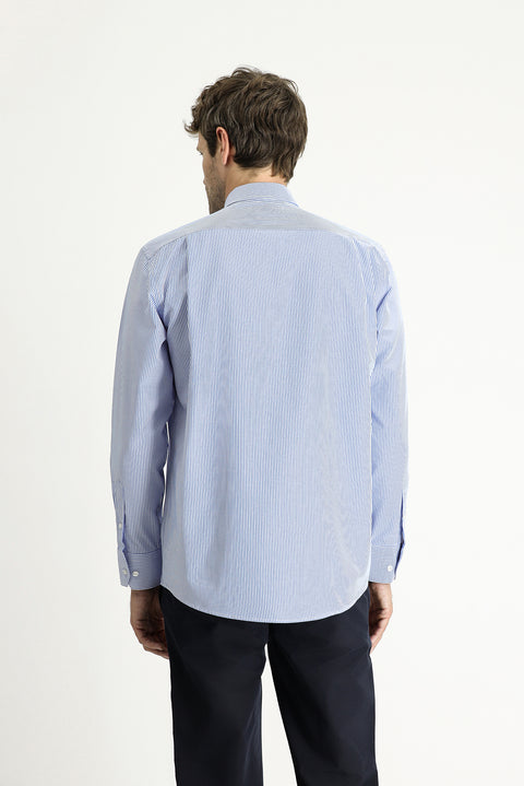 Gök Mavisi Uzun Kol Regular Fit Çizgili Pamuklu Kolay Ütülenebilir Gömlek
