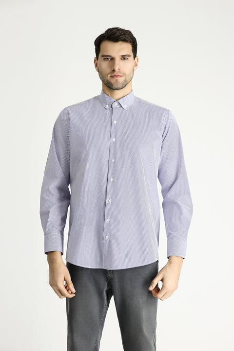 Koyu Mavi  Uzun Kol Regular Fit Çizgili Pamuklu Kolay Ütülenebilir Gömlek