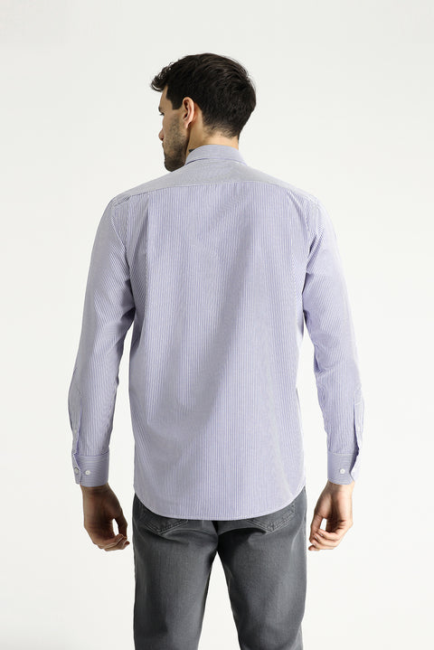 Koyu Mavi  Uzun Kol Regular Fit Çizgili Pamuklu Kolay Ütülenebilir Gömlek