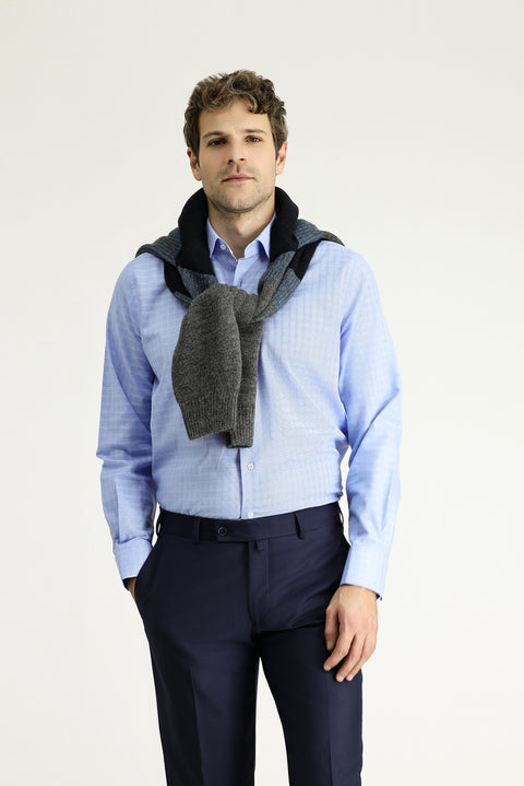 Light Blue Long Sleeve Regular Fit Plaid Cotton Shirt
