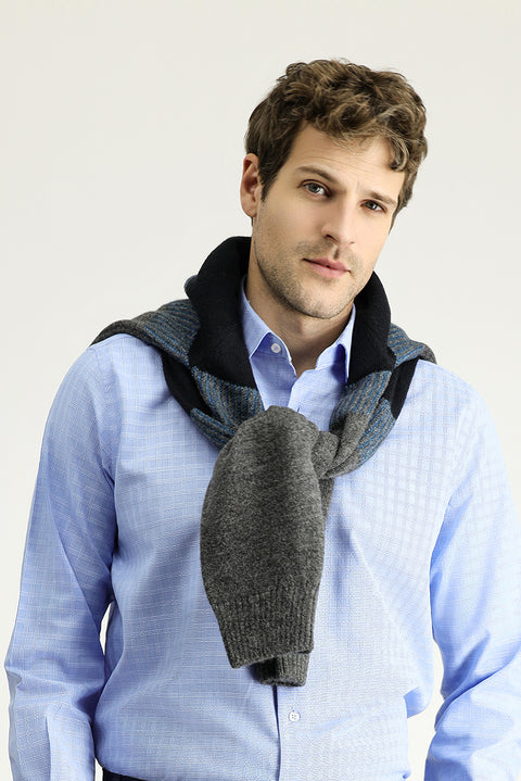 Light Blue Long Sleeve Regular Fit Plaid Cotton Shirt