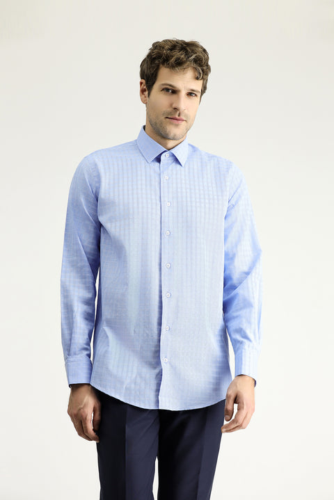 Light Blue Long Sleeve Regular Fit Plaid Cotton Shirt