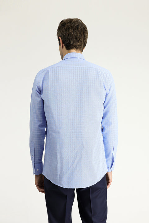 Light Blue Long Sleeve Regular Fit Plaid Cotton Shirt
