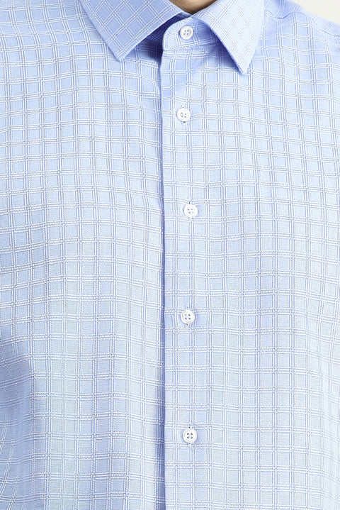 Light Blue Long Sleeve Regular Fit Plaid Cotton Shirt