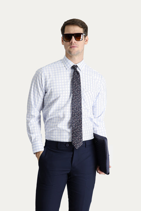 Light Blue Long Sleeve Classic Plaid Cotton Shirt