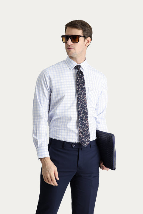 Light Blue Long Sleeve Classic Plaid Cotton Shirt