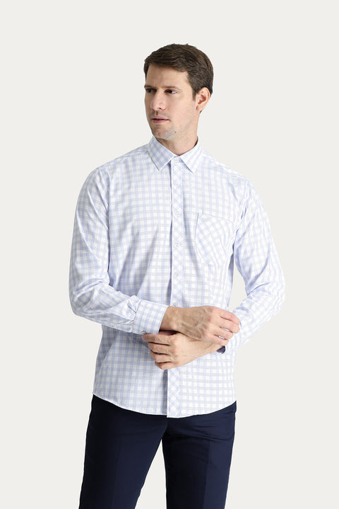 Light Blue Long Sleeve Classic Plaid Cotton Shirt