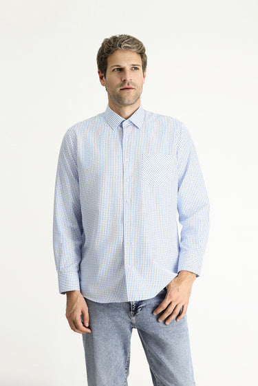 Açık Mavi Uzun Kol Regular Fit Ekose Pamuklu Kolay Ütülenebilir Gömlek
