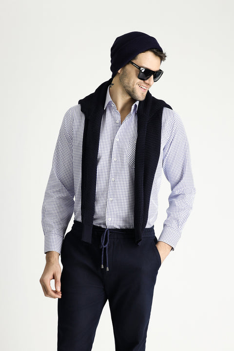 Koyu Mavi  Uzun Kol Regular Fit Ekose Pamuklu Kolay Ütülenebilir Gömlek