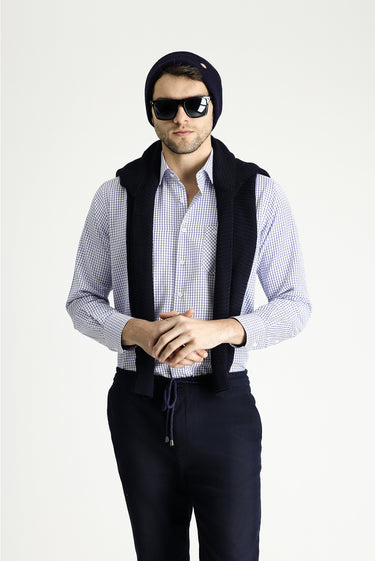 Koyu Mavi  Uzun Kol Regular Fit Ekose Pamuklu Kolay Ütülenebilir Gömlek