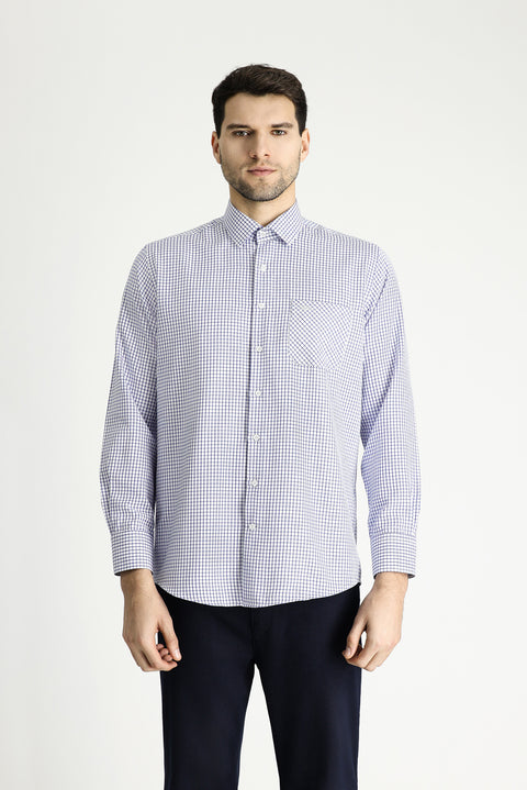 Koyu Mavi  Uzun Kol Regular Fit Ekose Pamuklu Kolay Ütülenebilir Gömlek