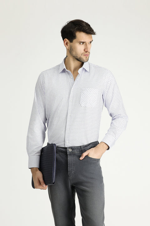 Koyu Mavi  Uzun Kol Regular Fit Ekose Pamuklu Kolay Ütülenebilir Gömlek