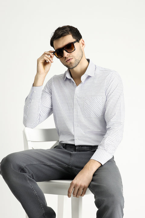 Koyu Mavi  Uzun Kol Regular Fit Ekose Pamuklu Kolay Ütülenebilir Gömlek