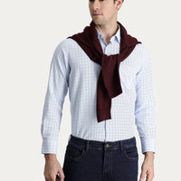 Uçuk Mavi Uzun Kol Regular Fit Ekose Pamuklu Kolay Ütülenebilir Gömlek