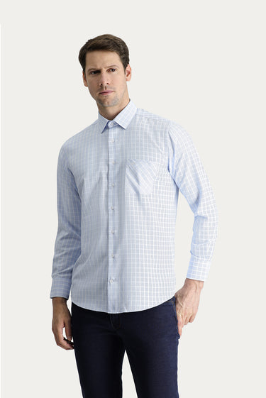 Uçuk Mavi Uzun Kol Regular Fit Ekose Pamuklu Kolay Ütülenebilir Gömlek