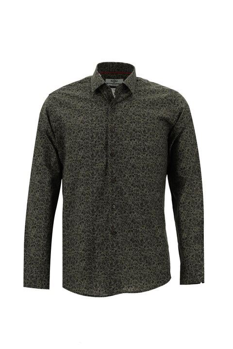 Orta Füme Uzun Kol Slim Fit Dar Kesim Baskılı Pamuk Gömlek