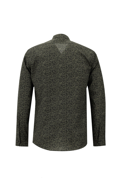 Orta Füme Uzun Kol Slim Fit Dar Kesim Baskılı Pamuk Gömlek