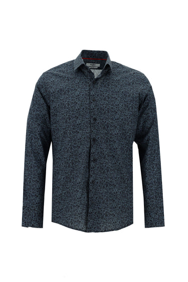  Koyu Mavi  Uzun Kol Slim Fit Dar Kesim Baskılı Pamuk Gömlek