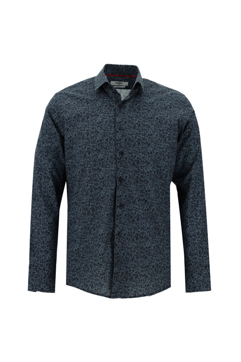 Koyu Mavi  Uzun Kol Slim Fit Dar Kesim Baskılı Pamuk Gömlek