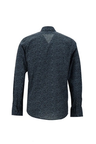  Koyu Mavi  Uzun Kol Slim Fit Dar Kesim Baskılı Pamuk Gömlek