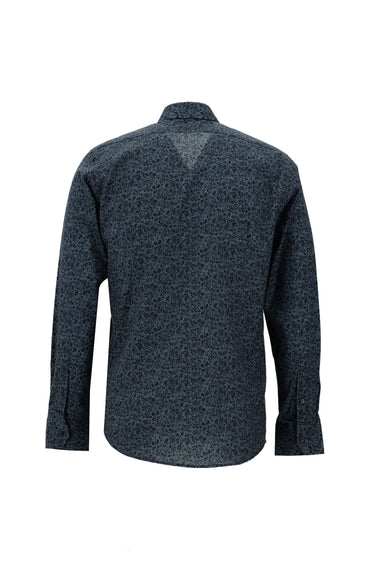  Koyu Mavi  Uzun Kol Slim Fit Dar Kesim Baskılı Pamuk Gömlek