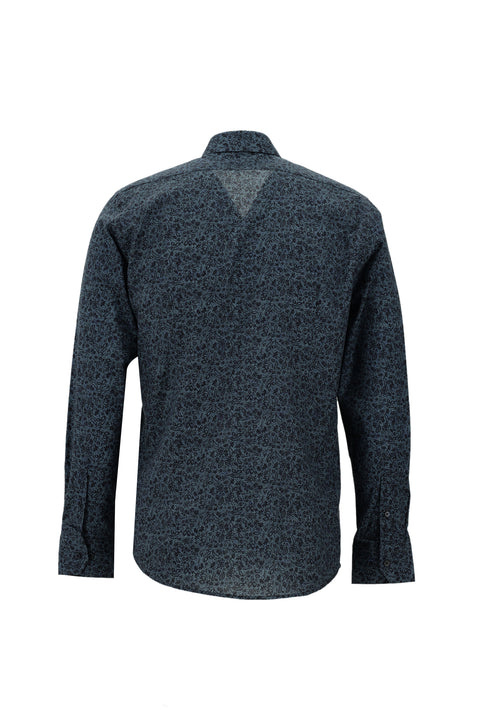 Koyu Mavi  Uzun Kol Slim Fit Dar Kesim Baskılı Pamuk Gömlek