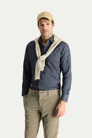  Koyu Mavi  Uzun Kol Slim Fit Dar Kesim Baskılı Pamuk Gömlek