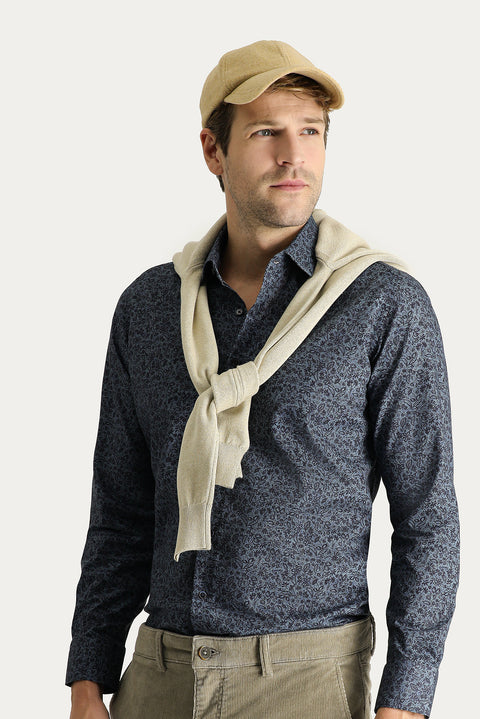 Koyu Mavi  Uzun Kol Slim Fit Dar Kesim Baskılı Pamuk Gömlek