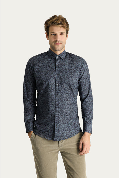 Koyu Mavi  Uzun Kol Slim Fit Dar Kesim Baskılı Pamuk Gömlek