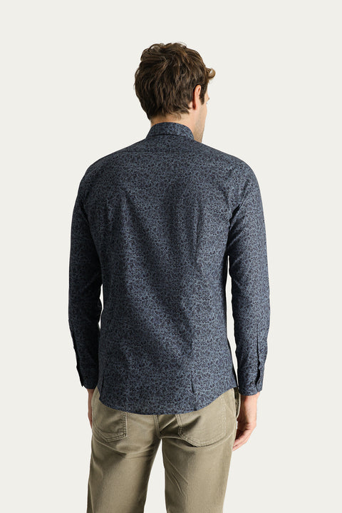 Koyu Mavi  Uzun Kol Slim Fit Dar Kesim Baskılı Pamuk Gömlek