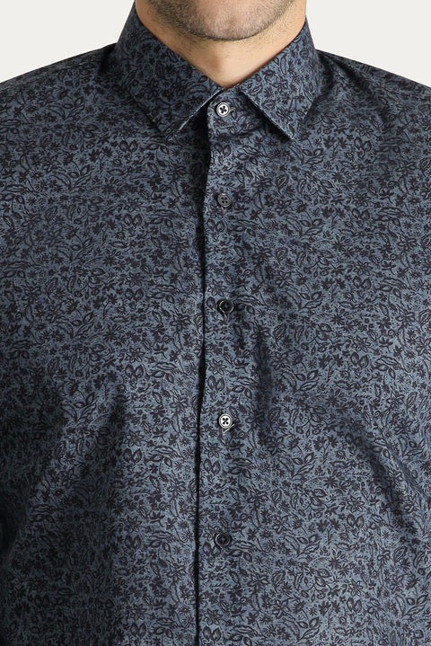 Koyu Mavi  Uzun Kol Slim Fit Dar Kesim Baskılı Pamuk Gömlek