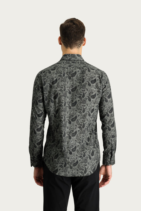 Orta Antrasit Uzun Kol Slim Fit Dar Kesim Baskılı Pamuk Spor Gömlek