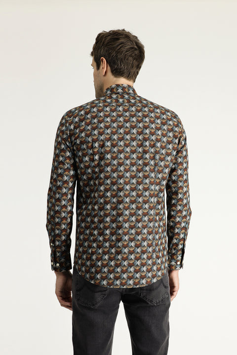 Kiremit Uzun Kol Baskılı Slim Fit Dar Kesim Pamuk Gömlek