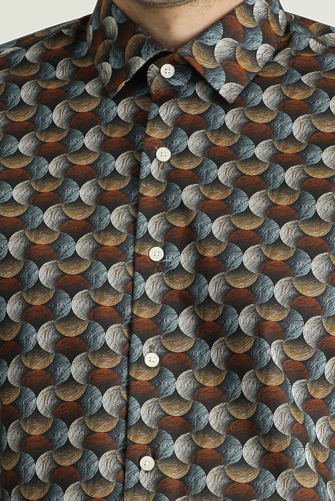 Kiremit Uzun Kol Baskılı Slim Fit Dar Kesim Pamuk Gömlek