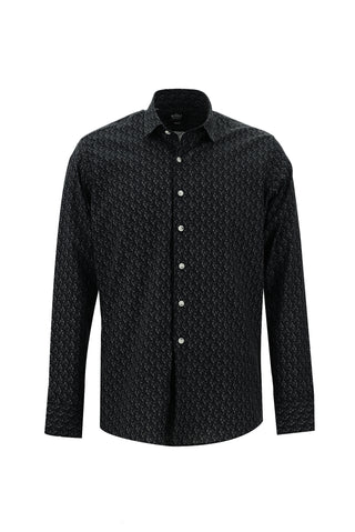  Siyah Uzun Kol Baskılı Slim Fit Dar Kesim Pamuk Gömlek