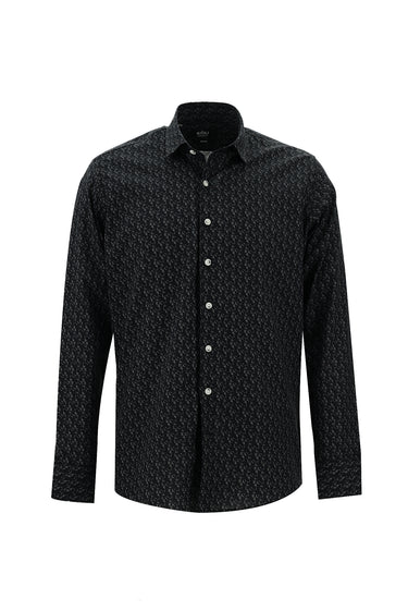 Siyah Uzun Kol Baskılı Slim Fit Dar Kesim Pamuk Gömlek