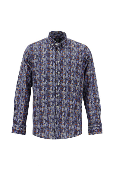  Koyu Mavi  Uzun Kol Baskılı Slim Fit Dar Kesim Pamuk Gömlek