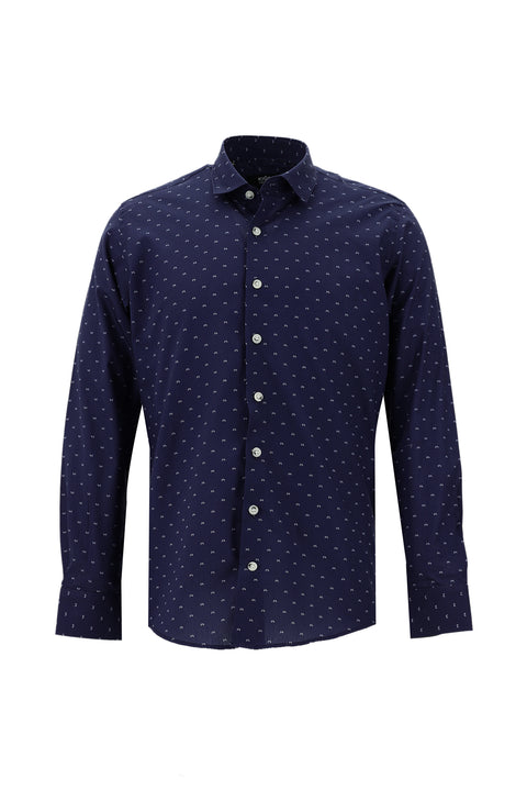 Açık Lacivert Uzun Kol Baskılı Slim Fit Dar Kesim Pamuk Gömlek