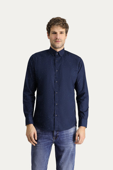  Koyu Lacivert Uzun Kol Slim Fit Dar Kesim Baskılı Pamuk Düğmeli Yaka Gömlek