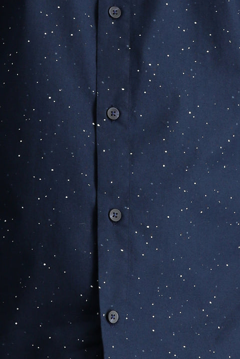 Koyu Lacivert Uzun Kol Slim Fit Dar Kesim Baskılı Pamuk Düğmeli Yaka Gömlek