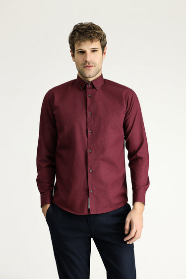  Açık Bordo Uzun Kol Slim Fit Dar Kesim Baskılı Pamuk Düğmeli Yaka Gömlek