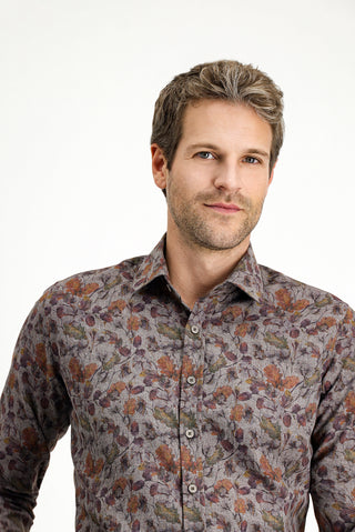  Koyu Füme Uzun Kol Slim Fit Dar Kesim Baskılı Pamuklu Kolay Ütülenebilir Gömlek