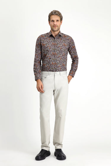  Koyu Füme Uzun Kol Slim Fit Dar Kesim Baskılı Pamuklu Kolay Ütülenebilir Gömlek